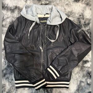 Black Leather Jacket with Gray Hood